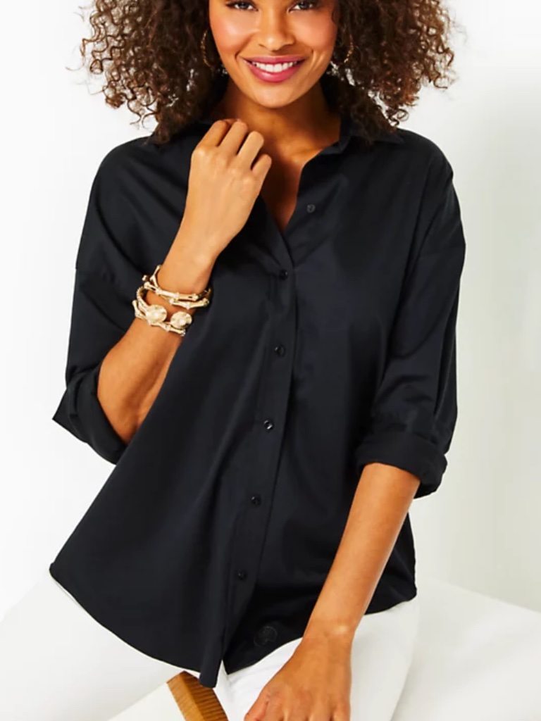 Lilly Pulitzer Women's Stevey Relaxed Button Down Stretch Shirt - Onyx - Size L